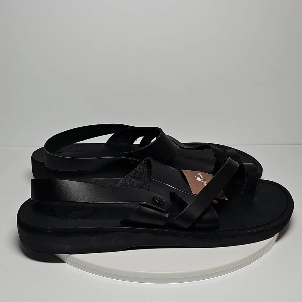 Jerusalem Amos Flat Sandals Ankle Strap Toe Loop‎ Adjustable Leather Black 13 46